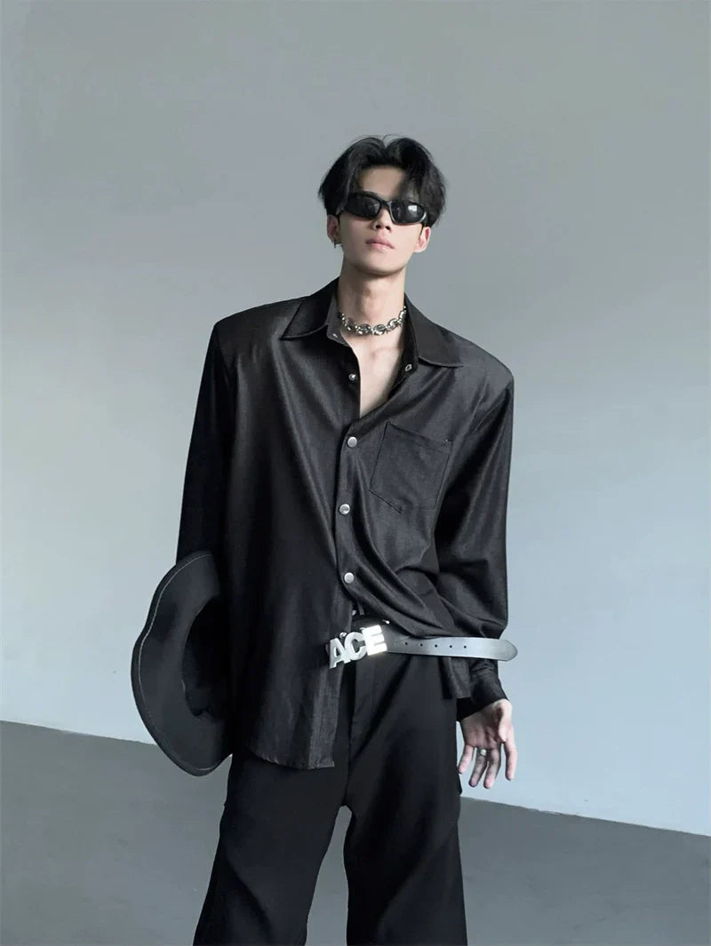 Studs Button Design Shoulder-Pad Long Sleeve Shirt