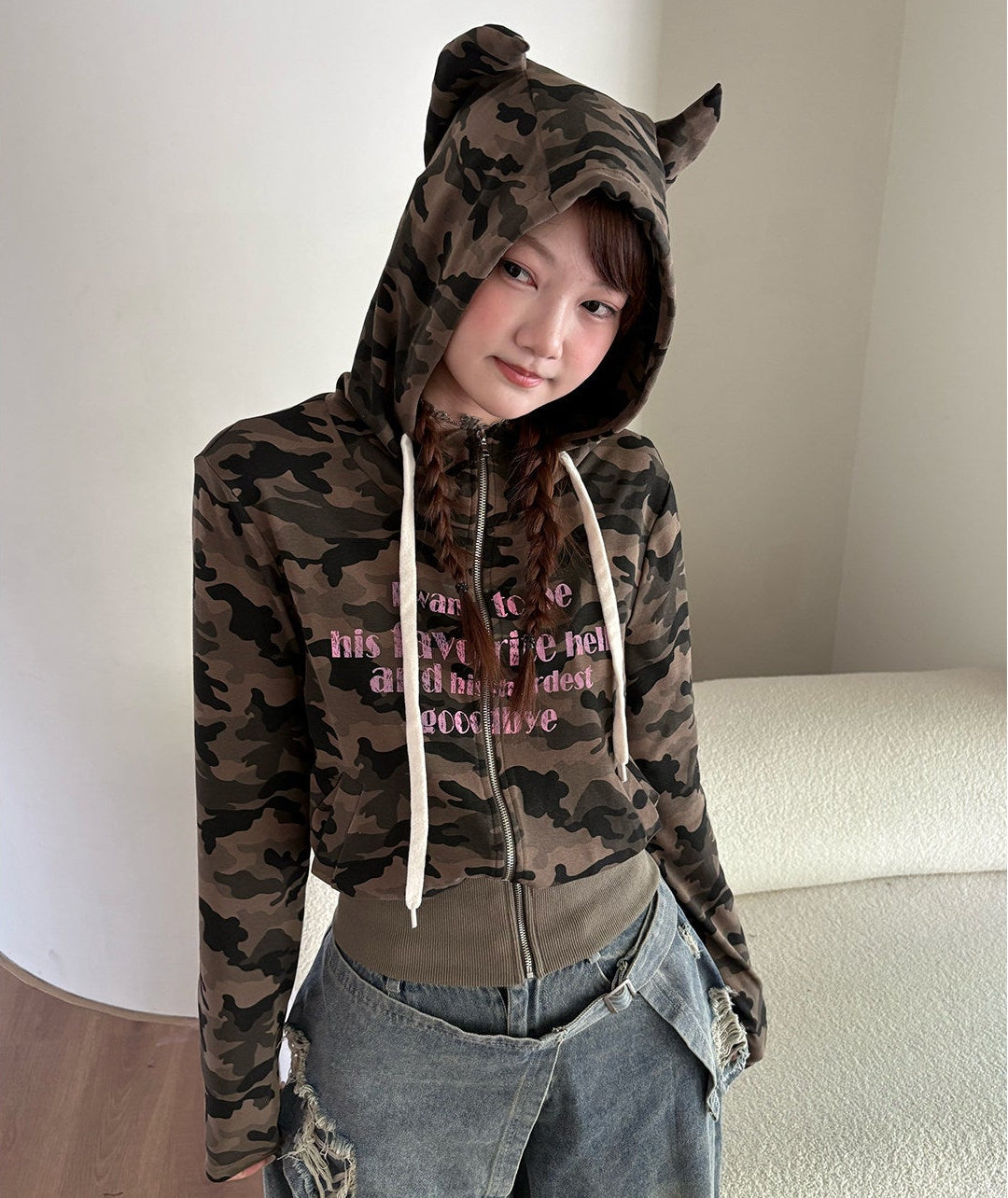 Devil Horn Hooded Print Zipper Hoodie