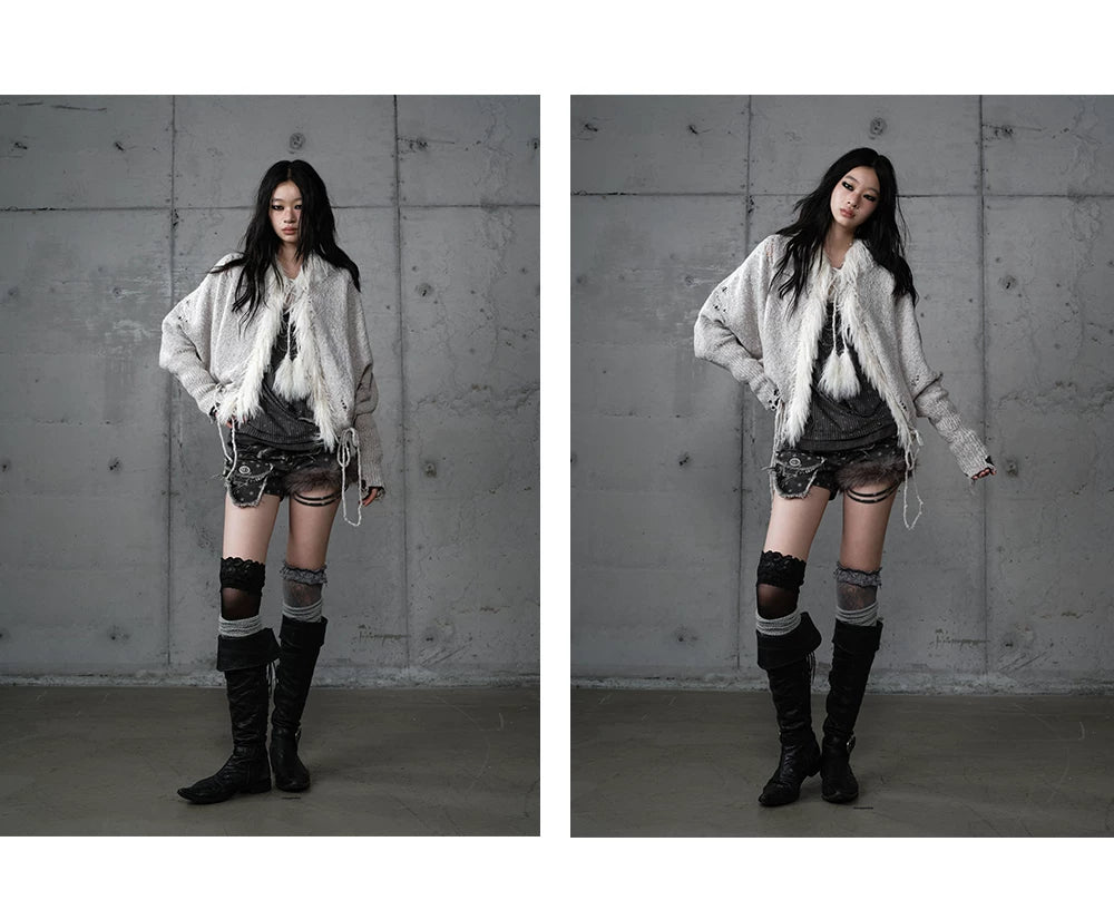 Fake Fur Trim Drawstring Oversize Knit Cardigan