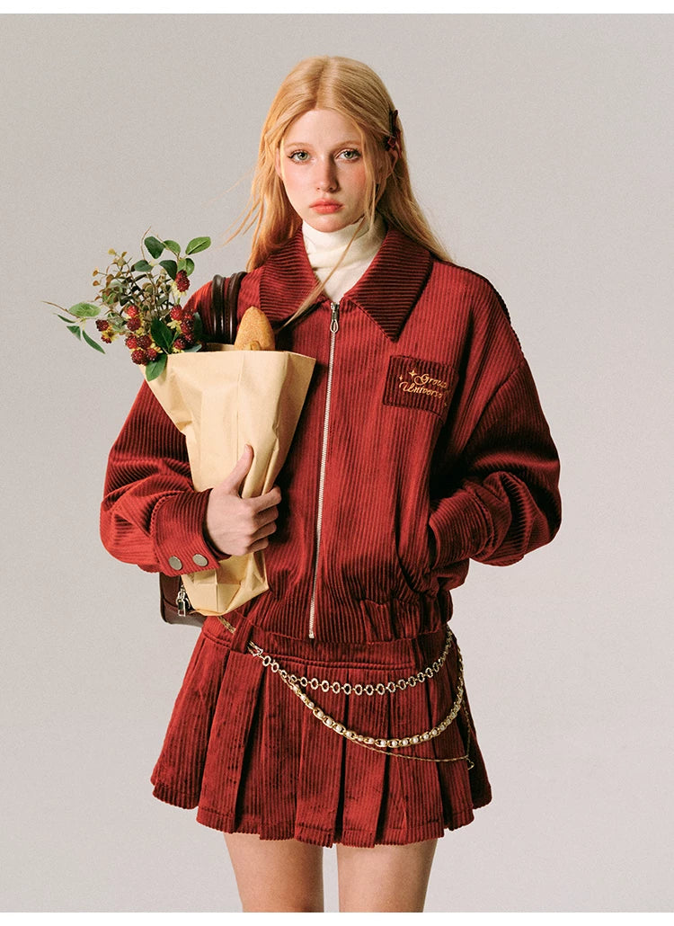Ensemble veste zippée en velours, jupe courte plissée et jupe sirène