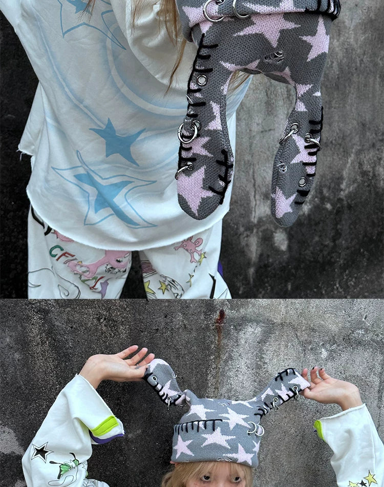 Star Print Rabbit Ear Knit Hat