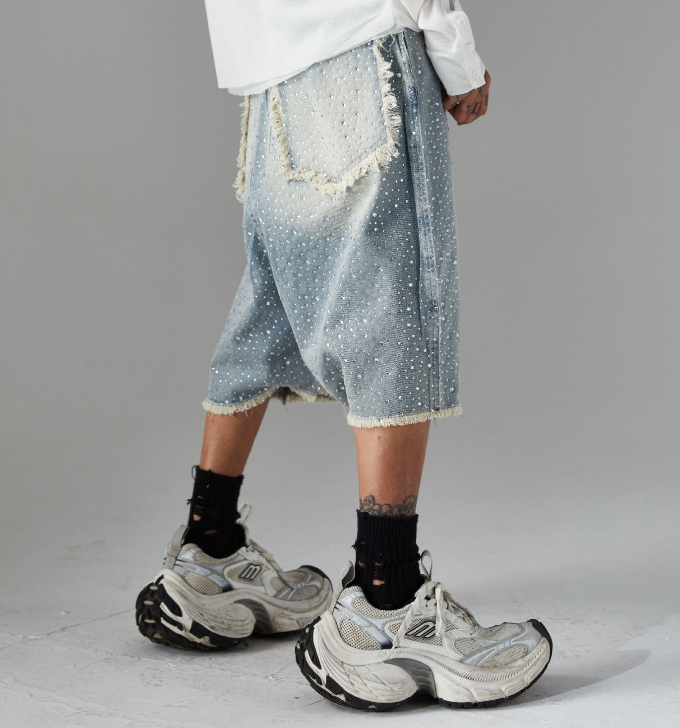 Fringe Rhinestone Wide Leg Jort