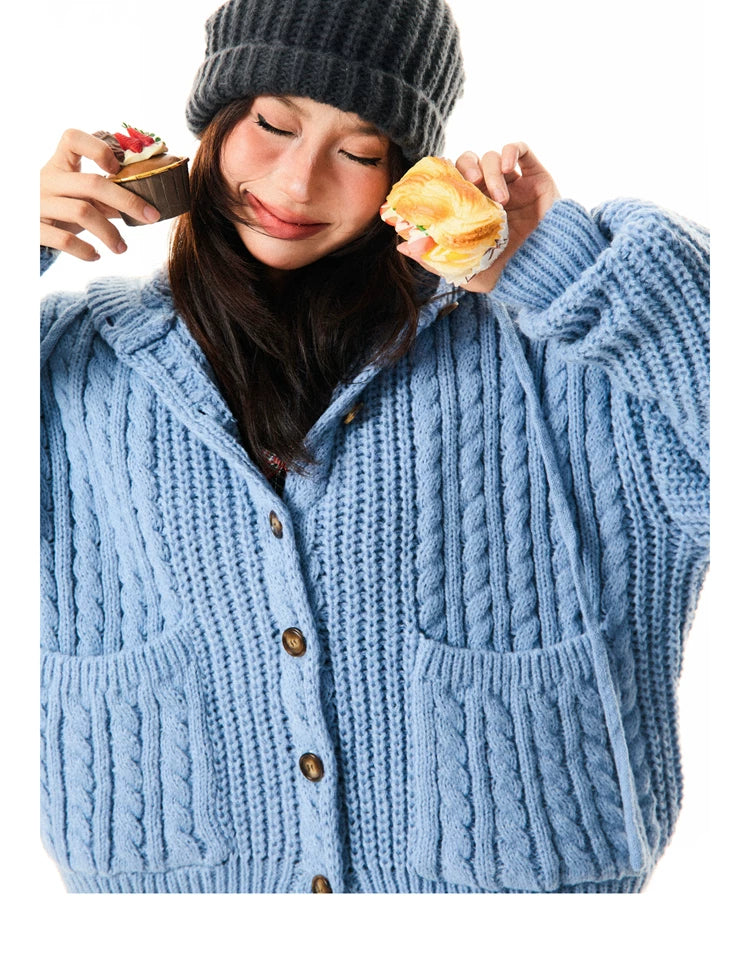 Hooded Button Oversize Cable Knit Cardigan