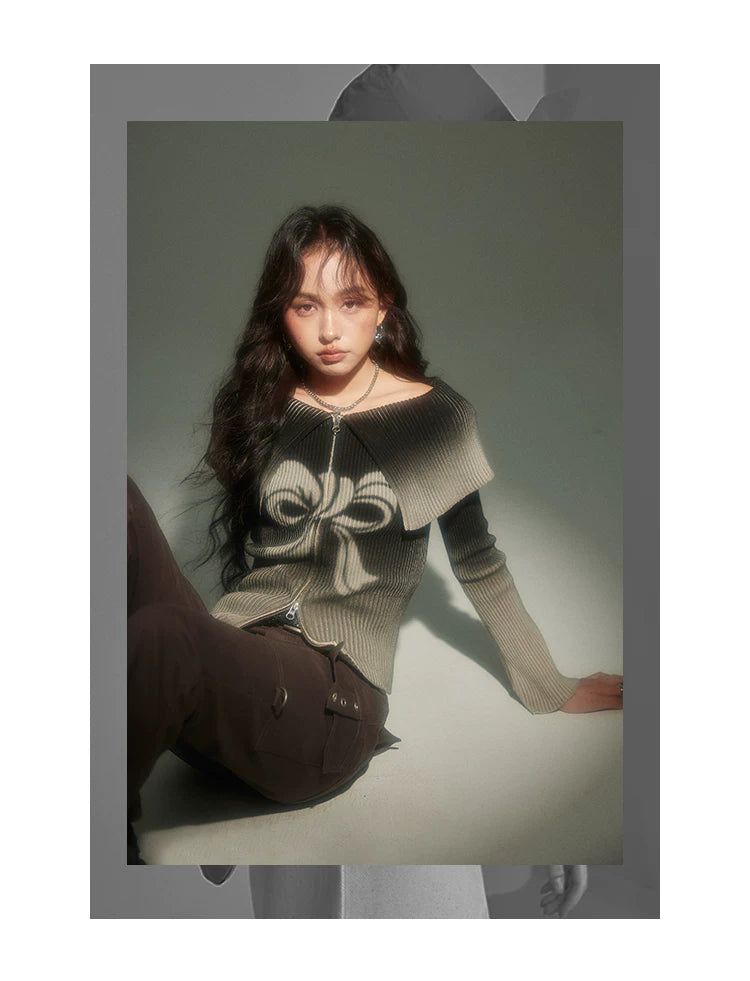 Bow Gradient Print Zipper Knit Sweater