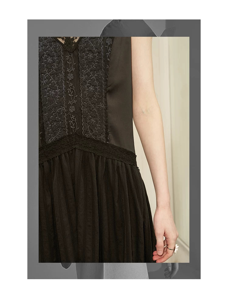 V-Neck Lace Stripe Splicing Sleeveless Long Dress