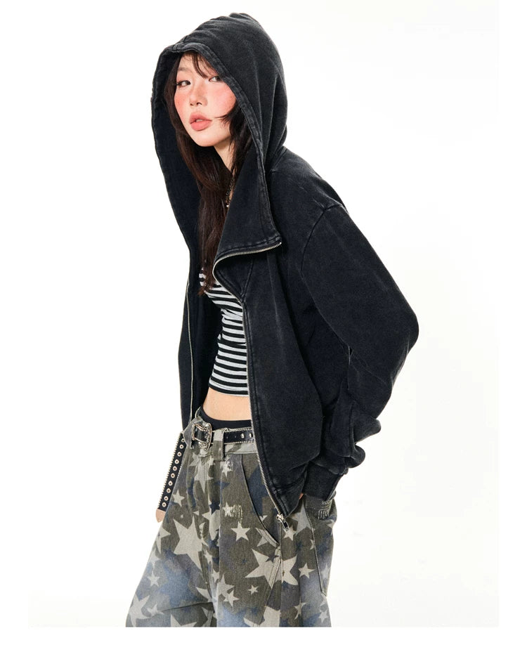 Asymmetrical Zipper Oversize Hooded Jacket