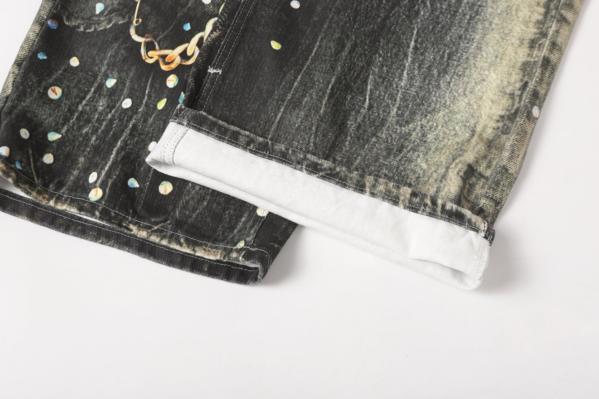 Chain Paint  3D Print Washed Wide Leg Denim Jeans