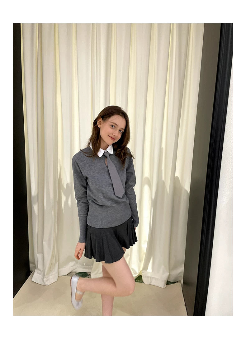 Collar Knit Sweater & Pleats Short Skirt Setup