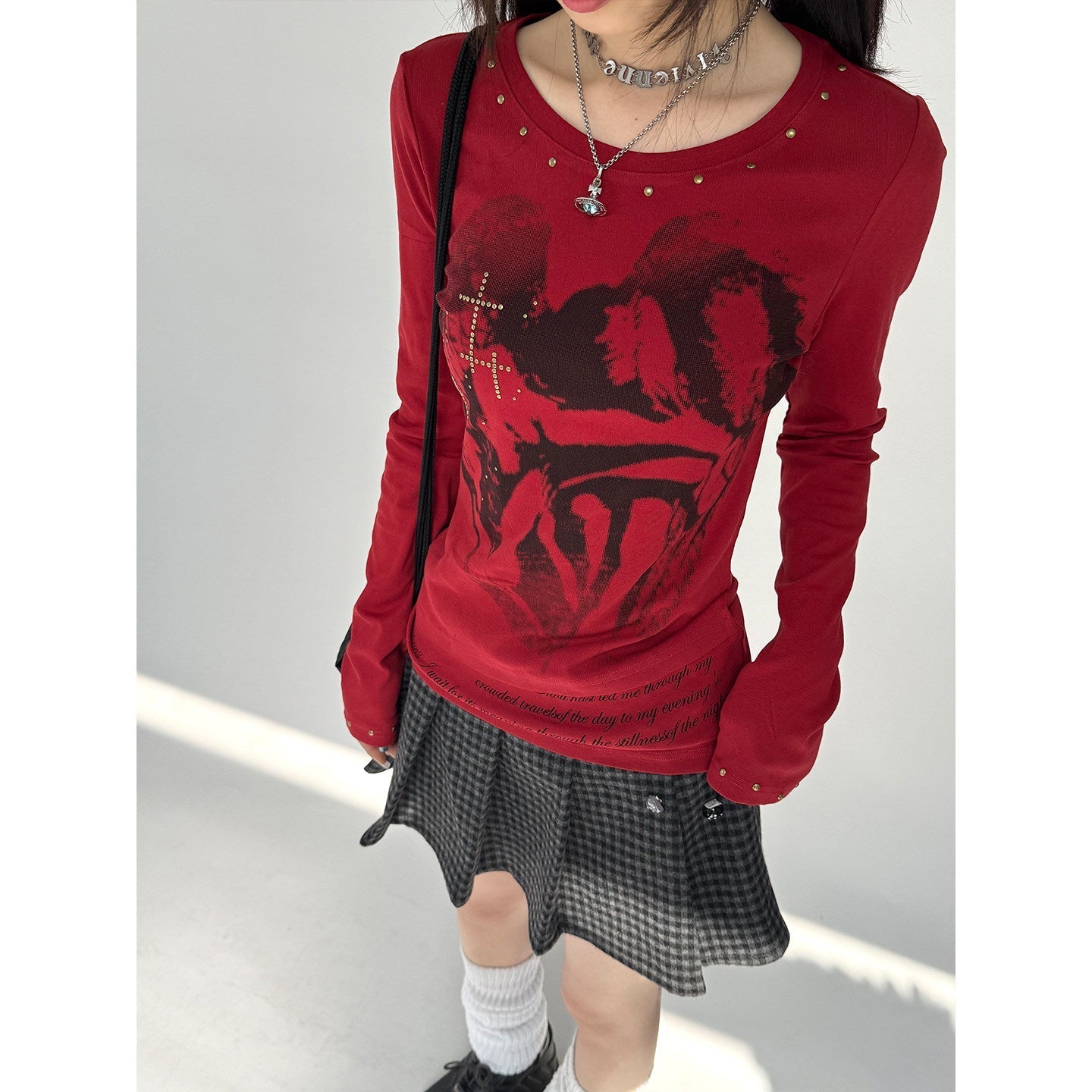 Cross Print Rivet Long Sleeve T-Shirt
