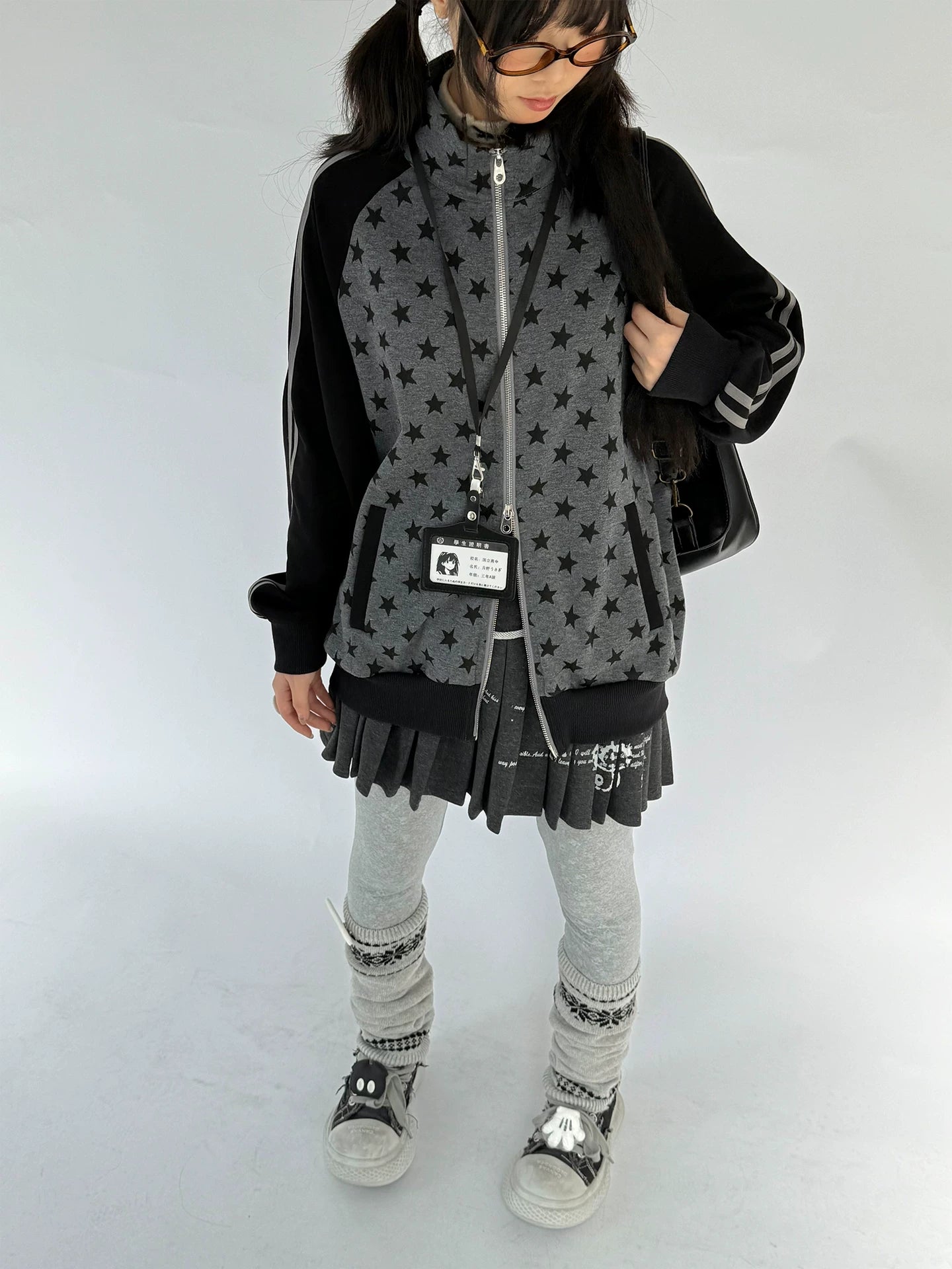 Star Print Double Zipper High-Neck Oversize Cardigan