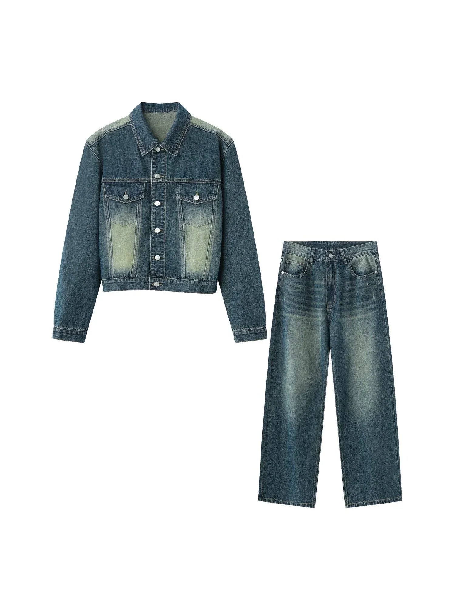 Wash Denim Jacket & Wide-Leg Straight Denim Jeans Setup