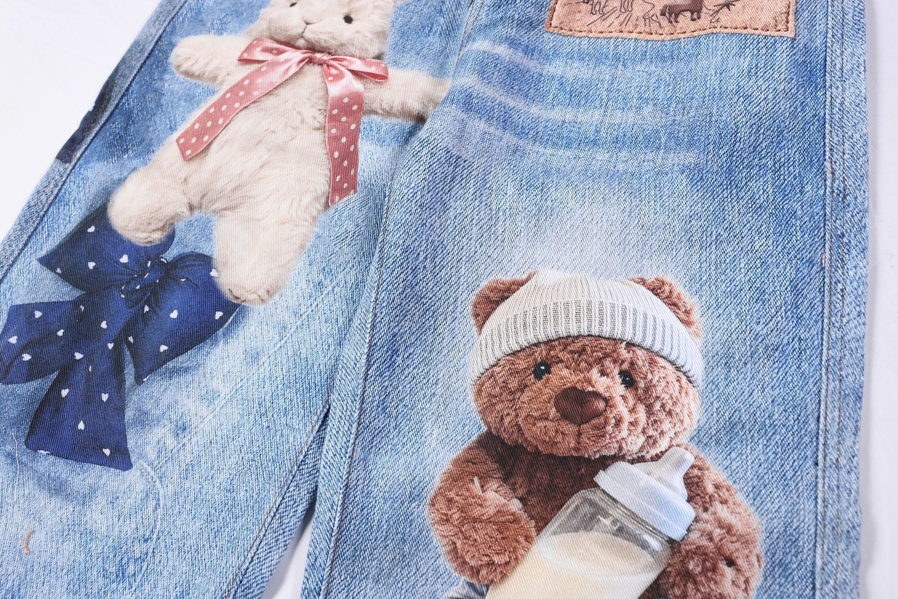 Washed 3D Character Print Wide Leg Denim Jeans