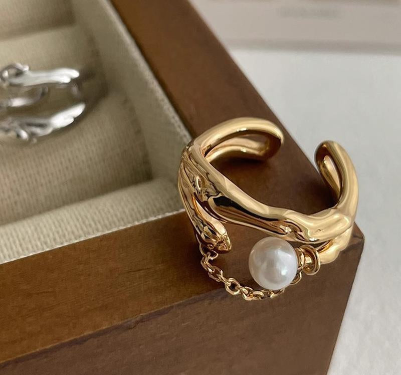 Double Layer Irregular Metal Pearl Ring