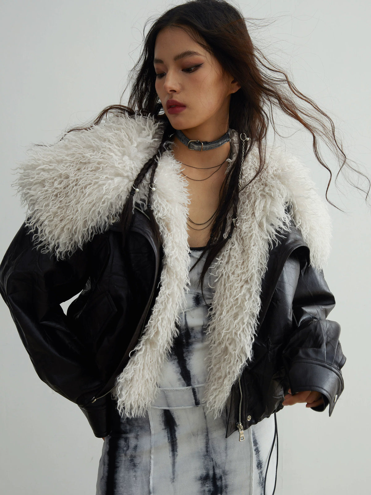 Detachable Large Fur Collar PU Leather Jacket