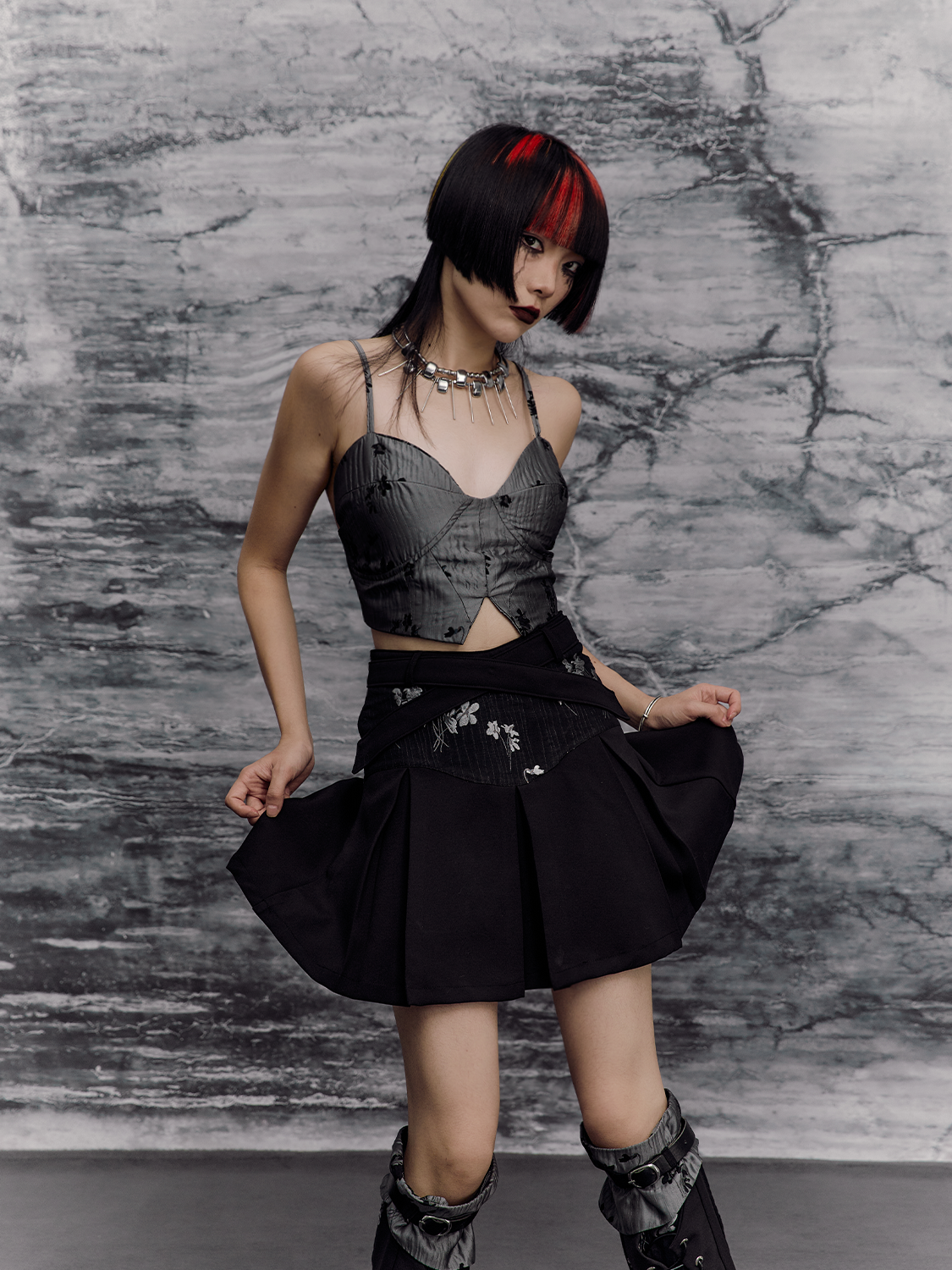 Floral Camisole Bustier & Flare Leg Warmers & Pleats Skirt & Cropped Jacket Setup