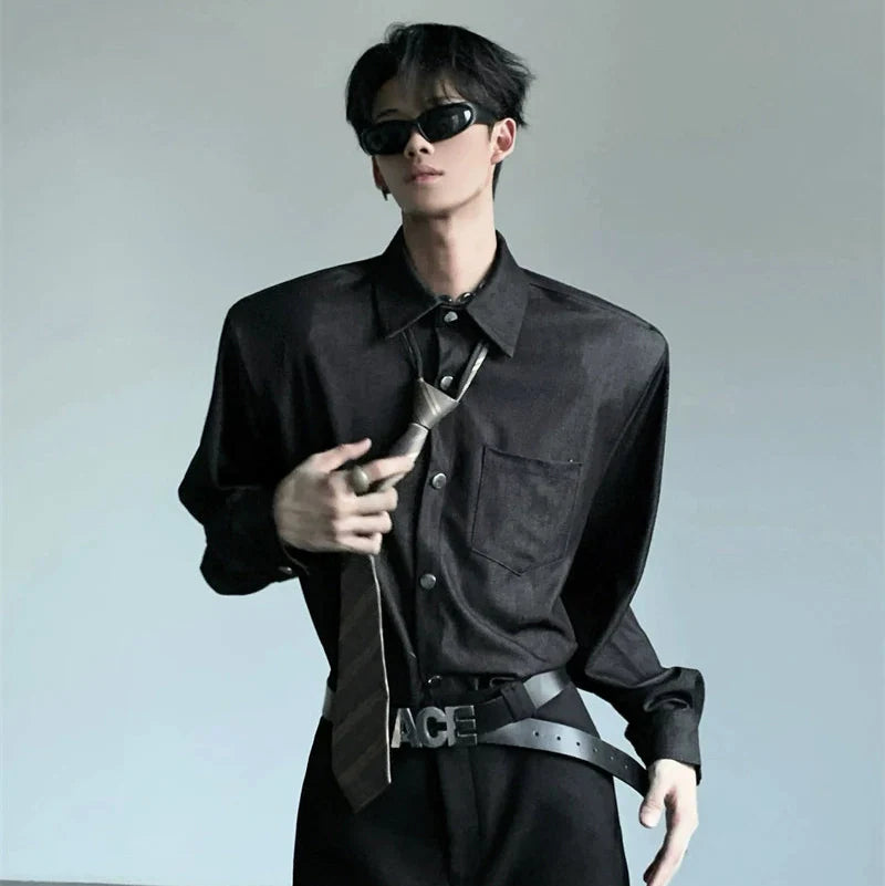 Studs Button Design Shoulder-Pad Long Sleeve Shirt