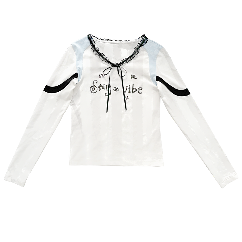 Lace Bow Collar Patchwork Jersey-Style T-Shirt