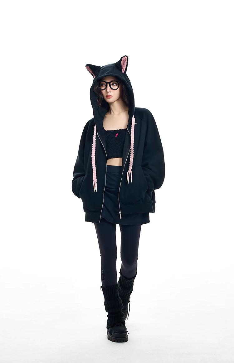 Ear Fleece Oversize Zipper Hoodie
