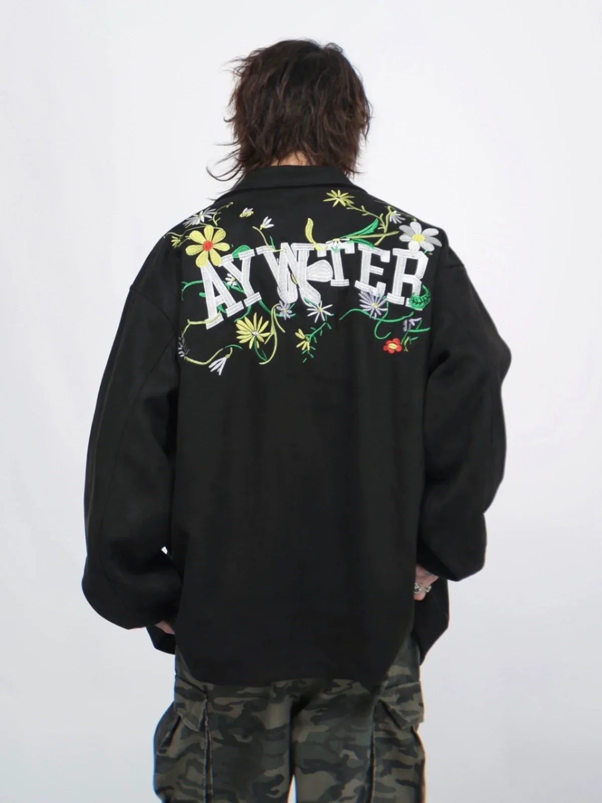 Oversize Flower Embroidery Suede Jacket