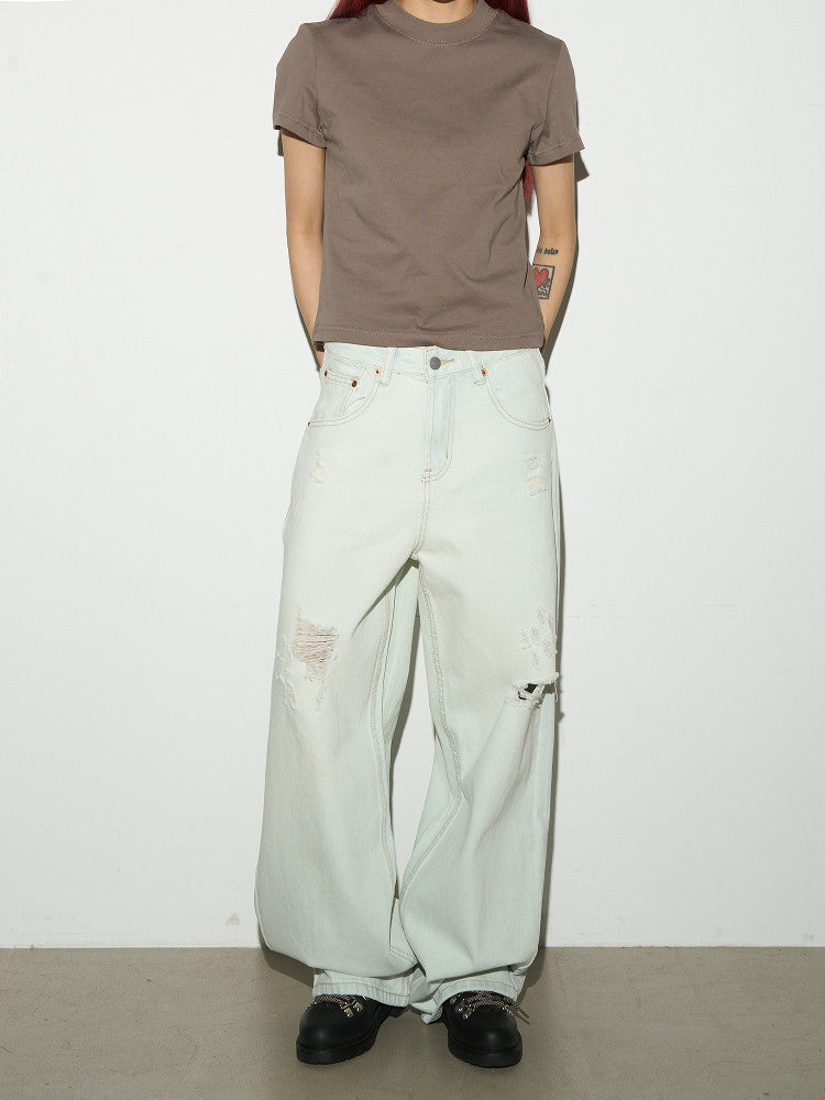 Damage Washed Wide Leg Denim Jeans