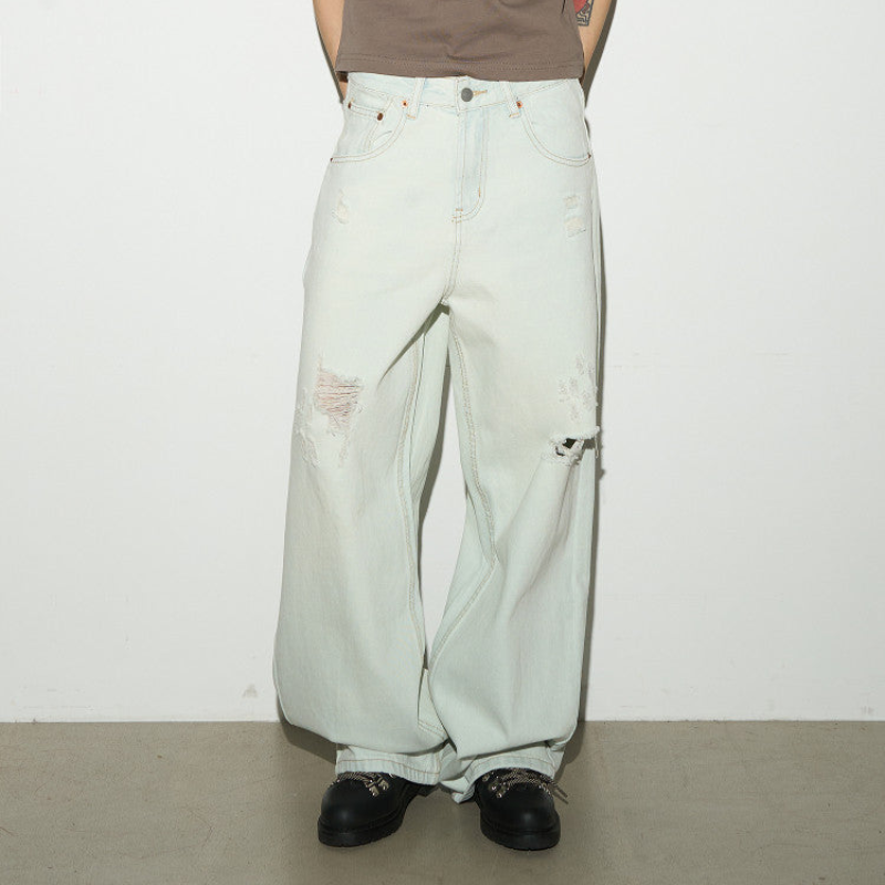 Damage Washed Wide Leg Denim Jeans