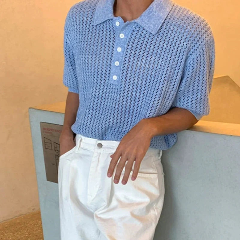 Hollow-Out Knit Short Sleeve Polo Shirt