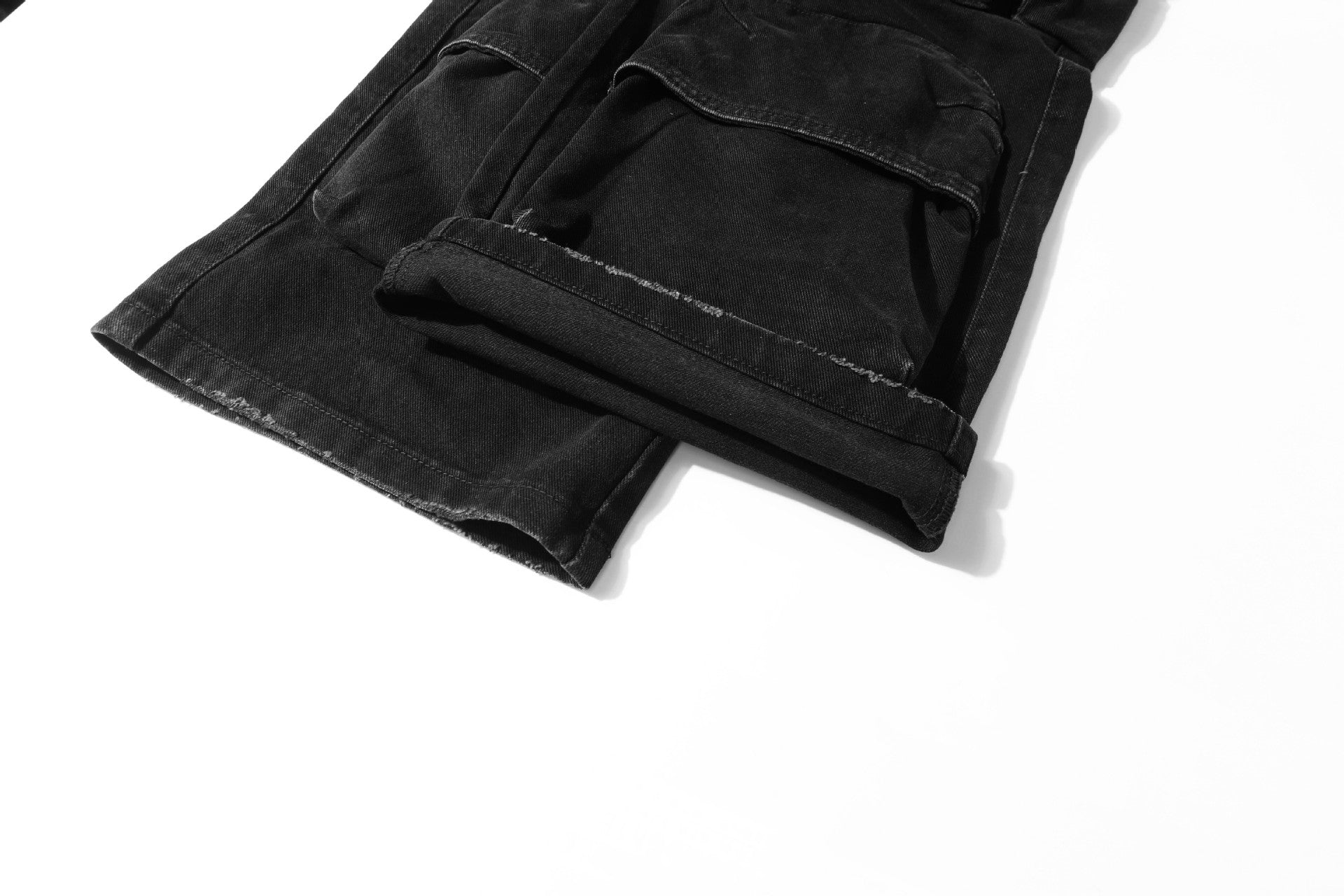 Washed Damage Multi-Pocket Straight Cargo Denim Jeans