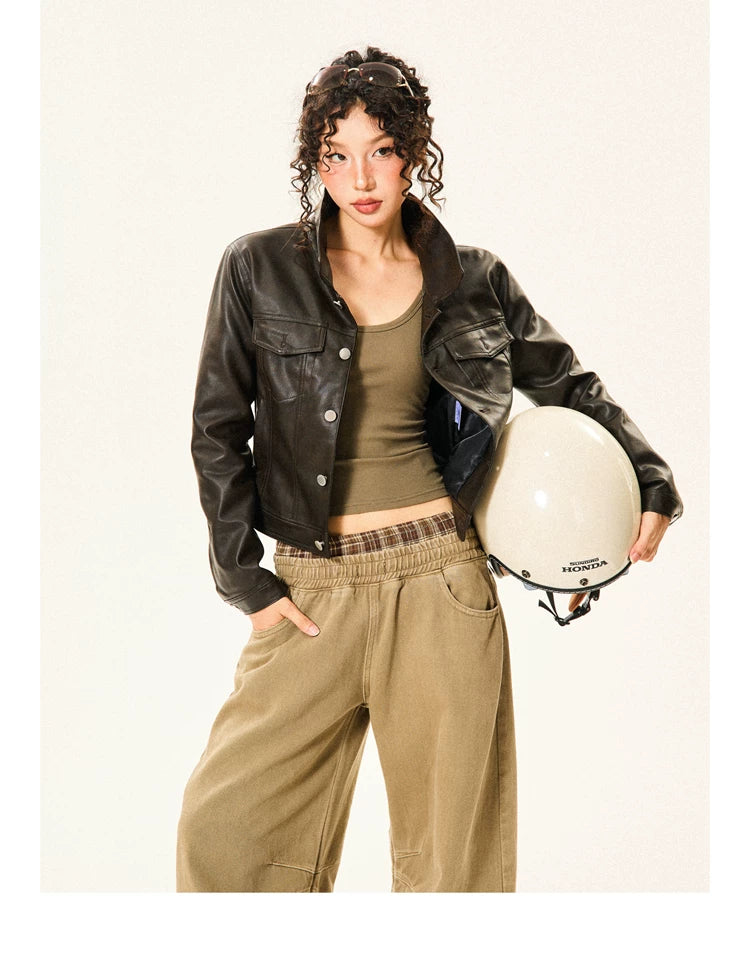 PU Leather Standing-Collar Short Jacket