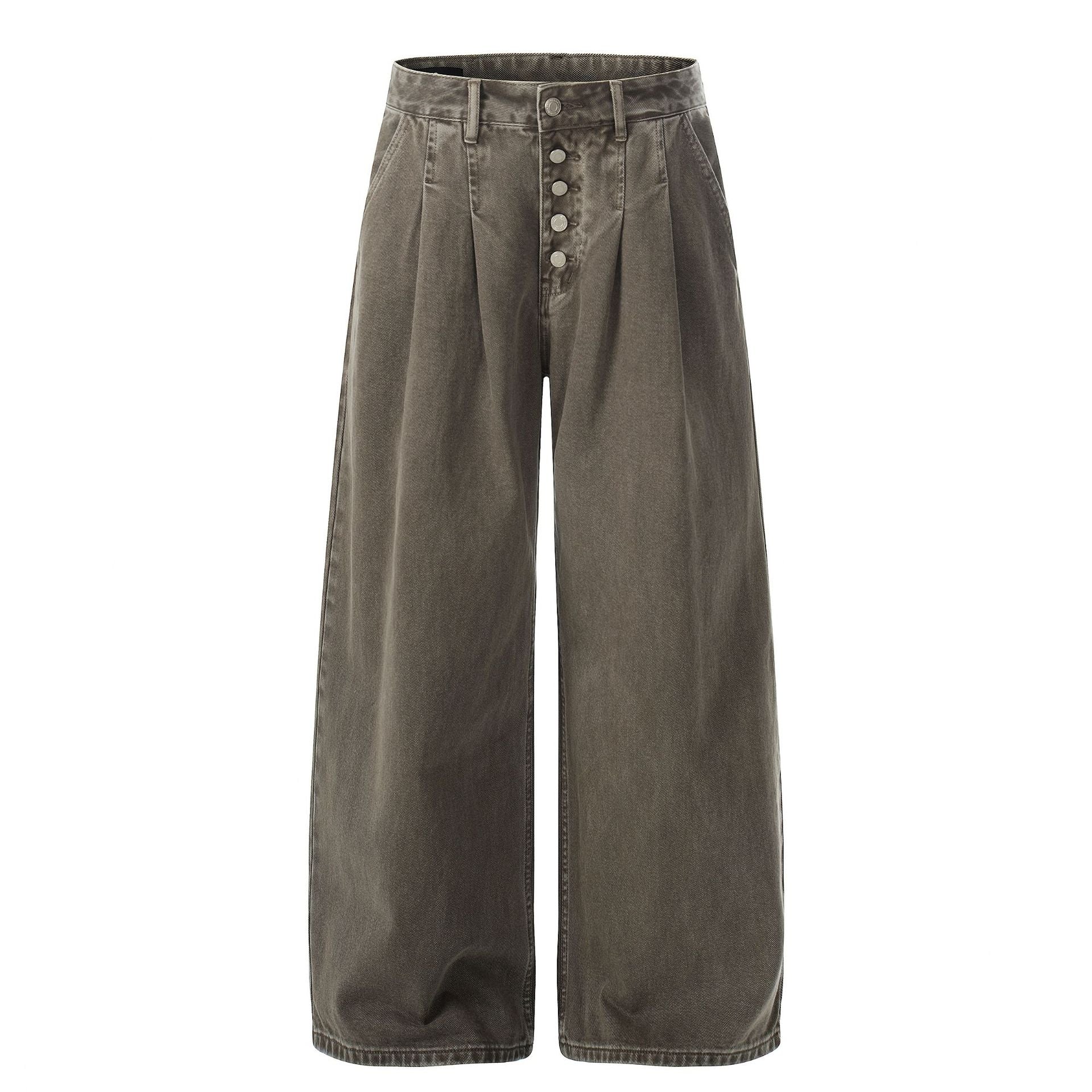 Multi-Button Pleats Wide Leg Barrel Denim Jeans