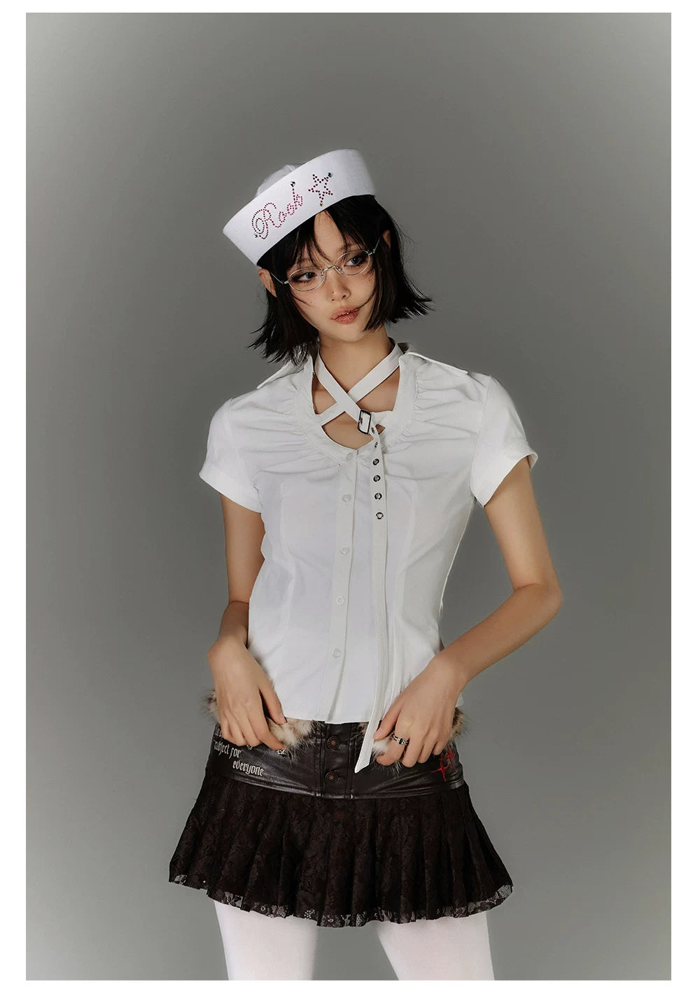 Button Strap Detail Fitted Short Sleeve Shirt