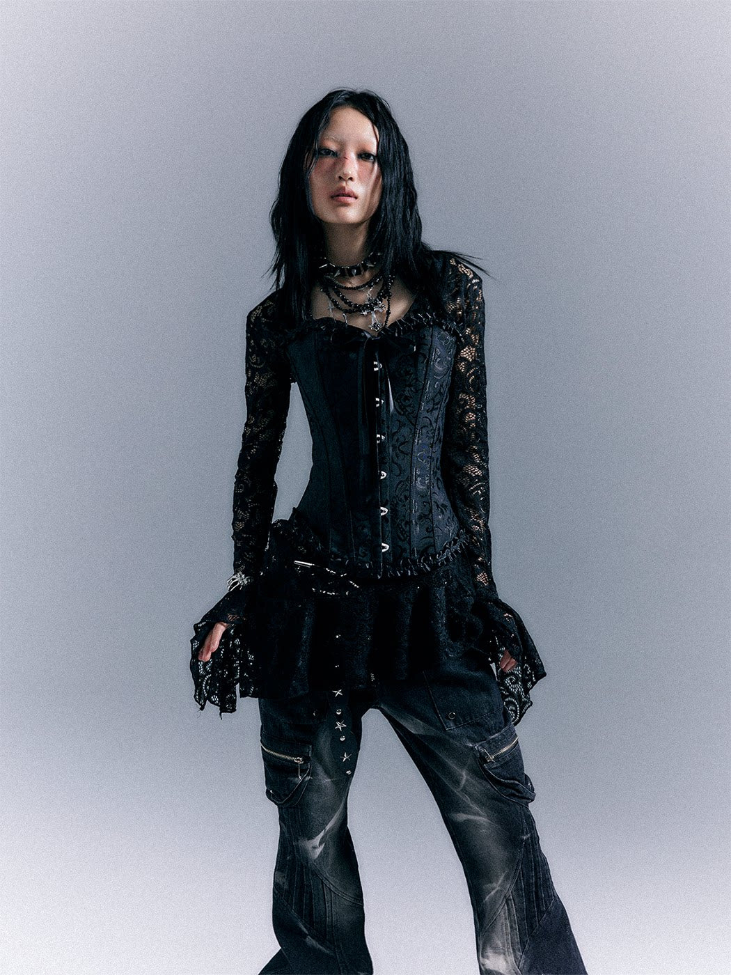 Lace-Up Corset Top & Lace Long Sleeve Dress Setup