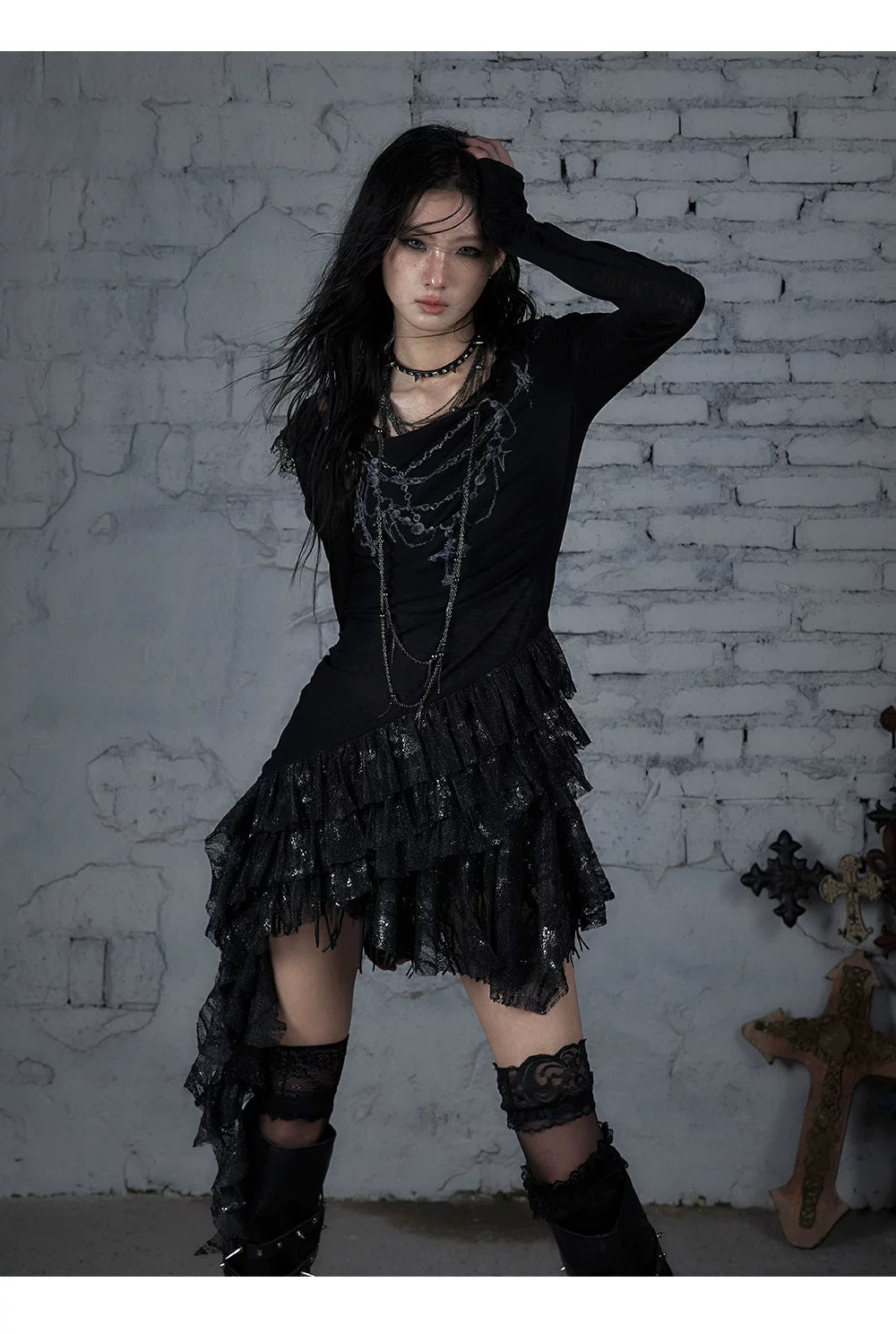 Lace Hooded Asymmetric Ruffle Dress