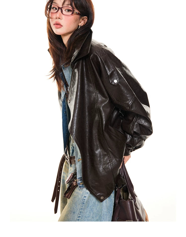 Asymmetrical Stand Collar PU Leather Jacket