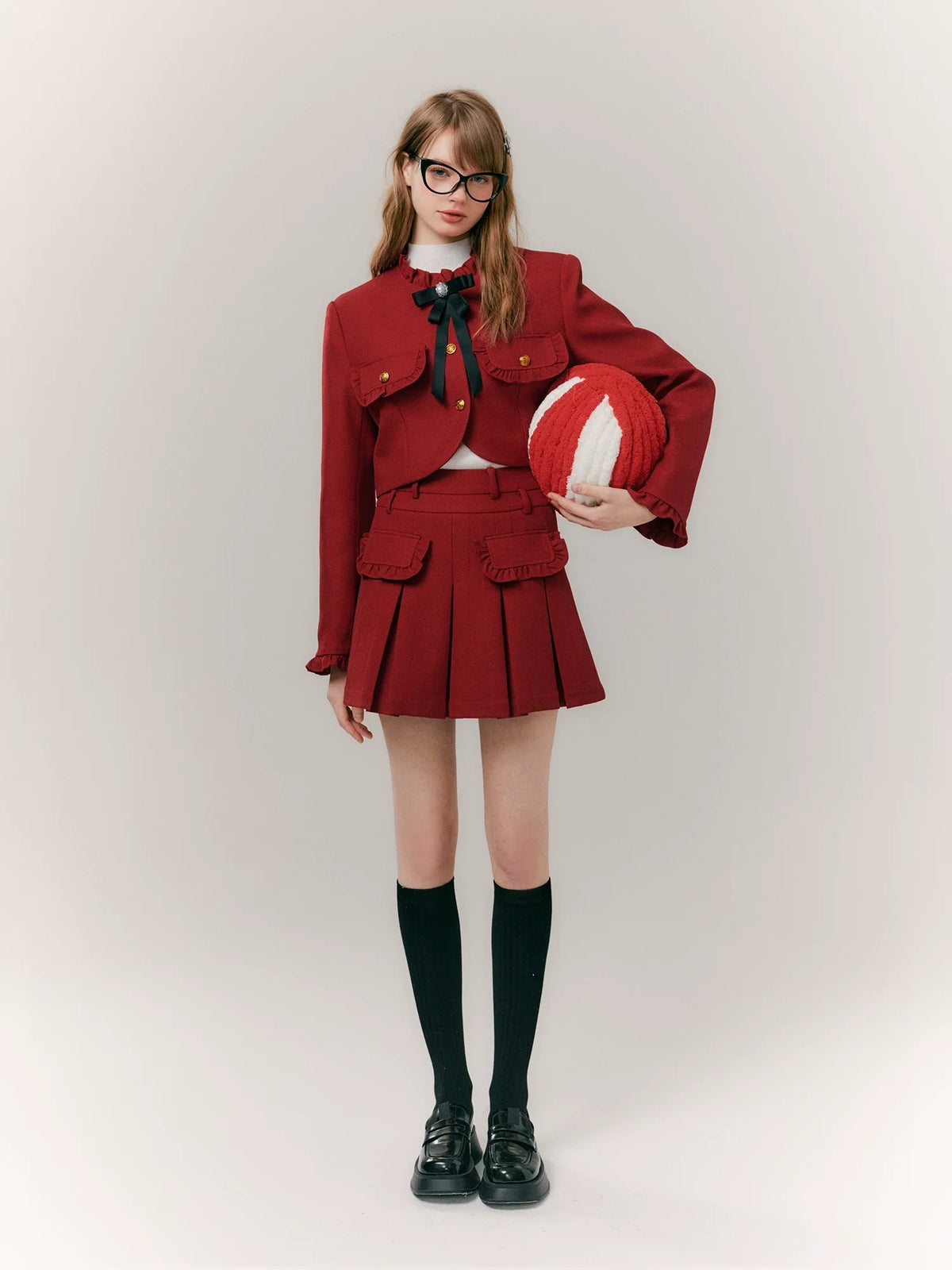 Red Bow-Knot Pleated Skirt & Blazer Jacket Setup