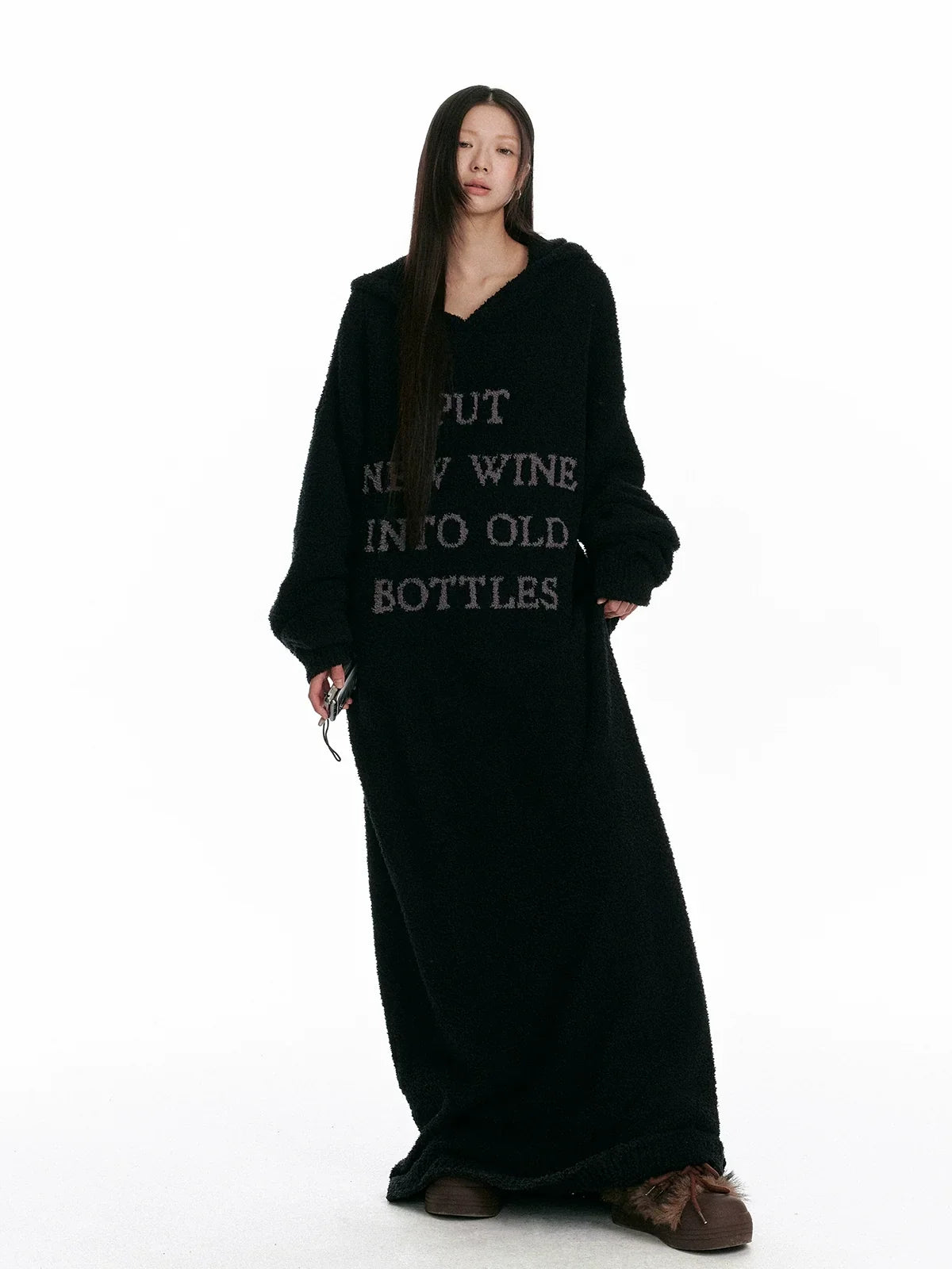 Fuzzy Hooded Knit Over-Knee Robe Dress