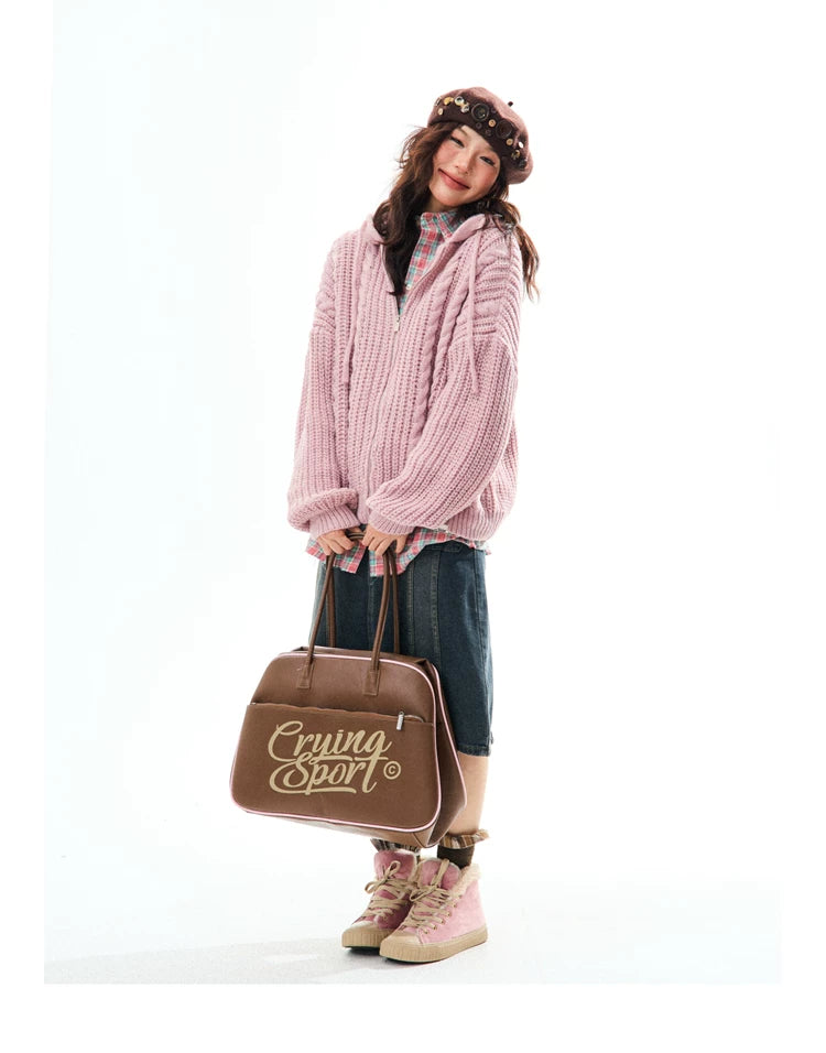 Chunky Knit Zipper Hooded Oversize Cardigan
