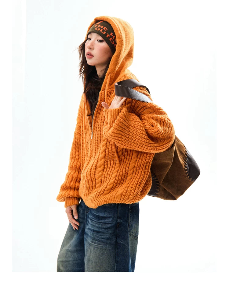Chunky Knit Zipper Hooded Oversize Cardigan
