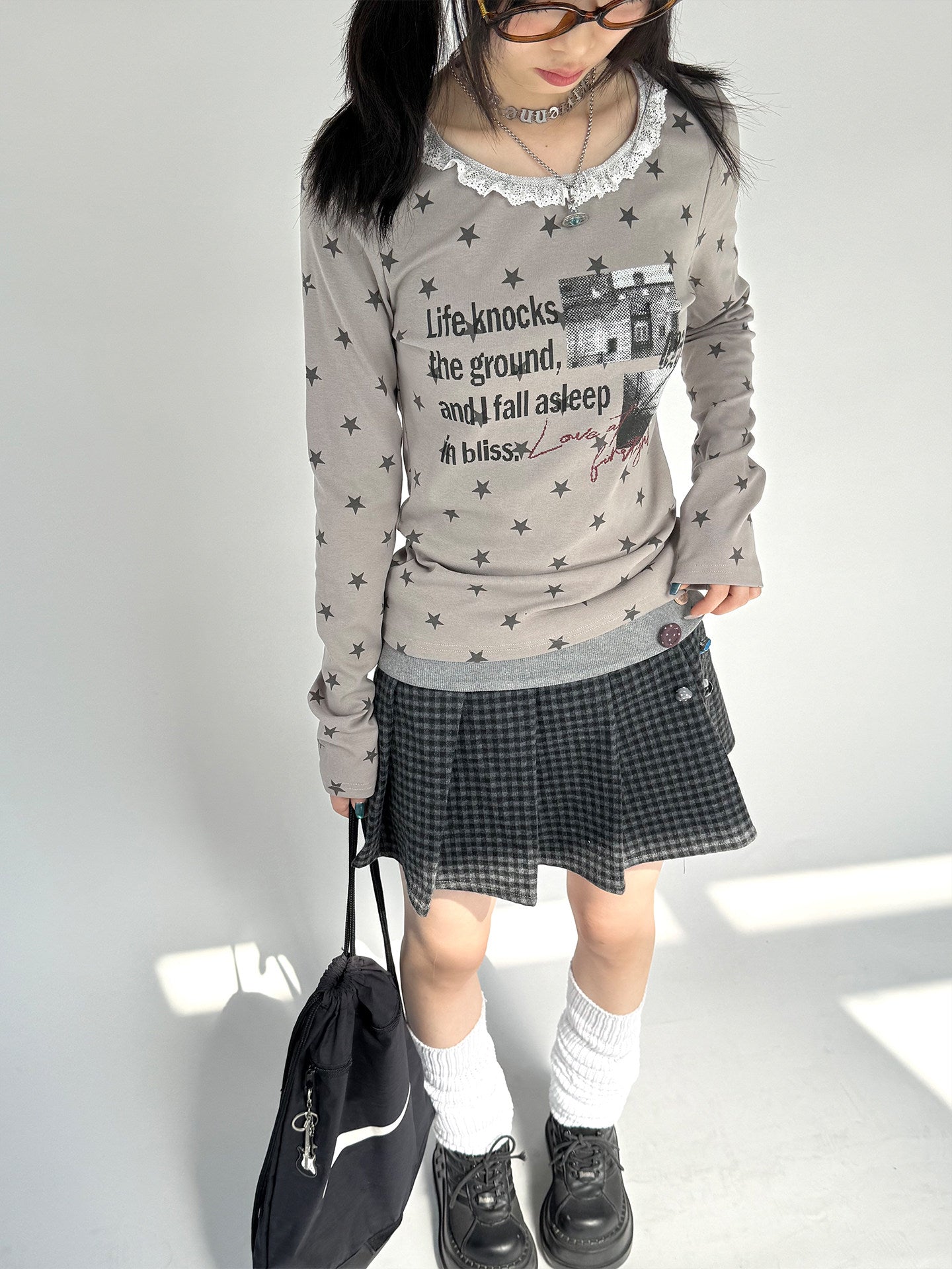 Star Print Lace Trim Fitted Long Sleeve T-Shirt