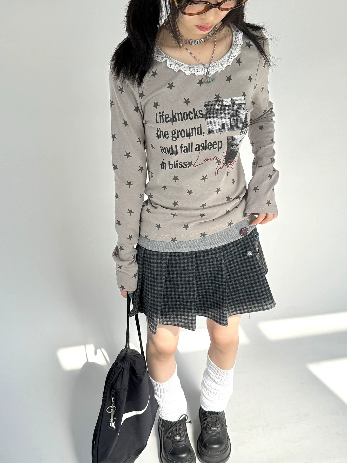 Star Print Lace Trim Fitted Long Sleeve T-Shirt