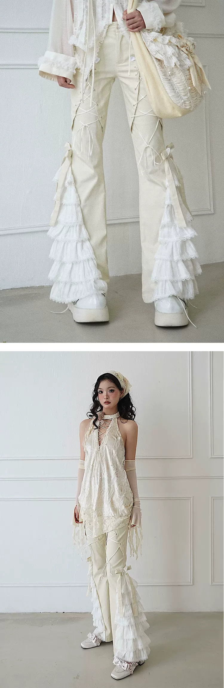 Lace-Trim Ruffle Long Pants