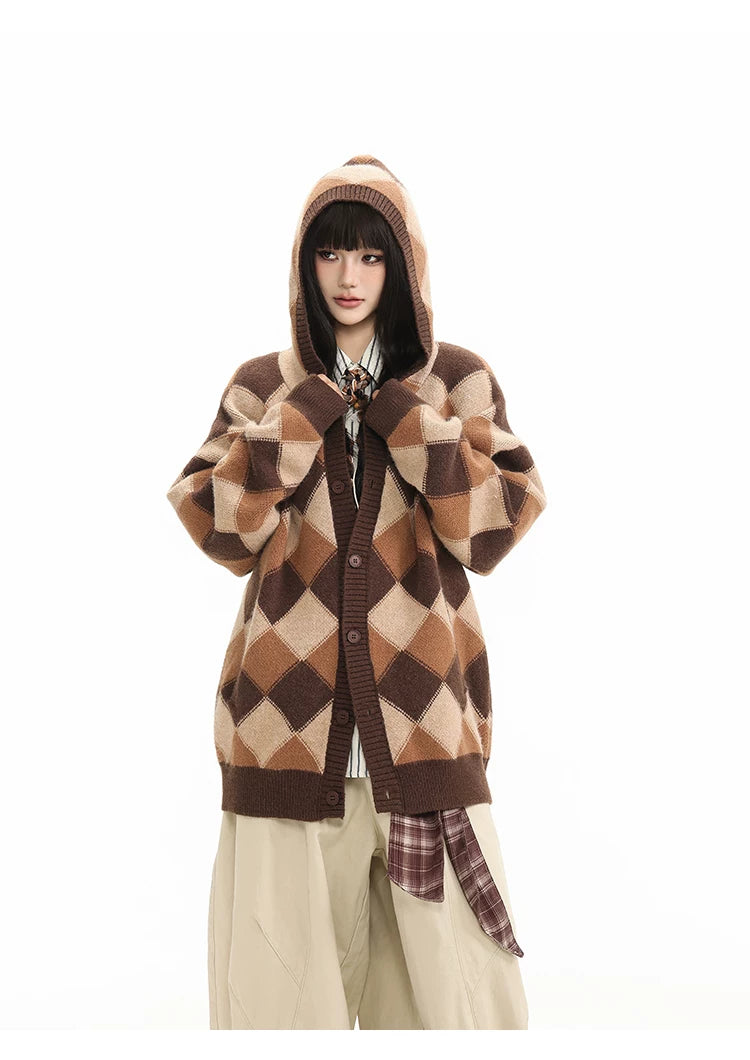 Heavyweight Diamond Pattern Oversize Hooded Knit Cardigan & Knit Sweater