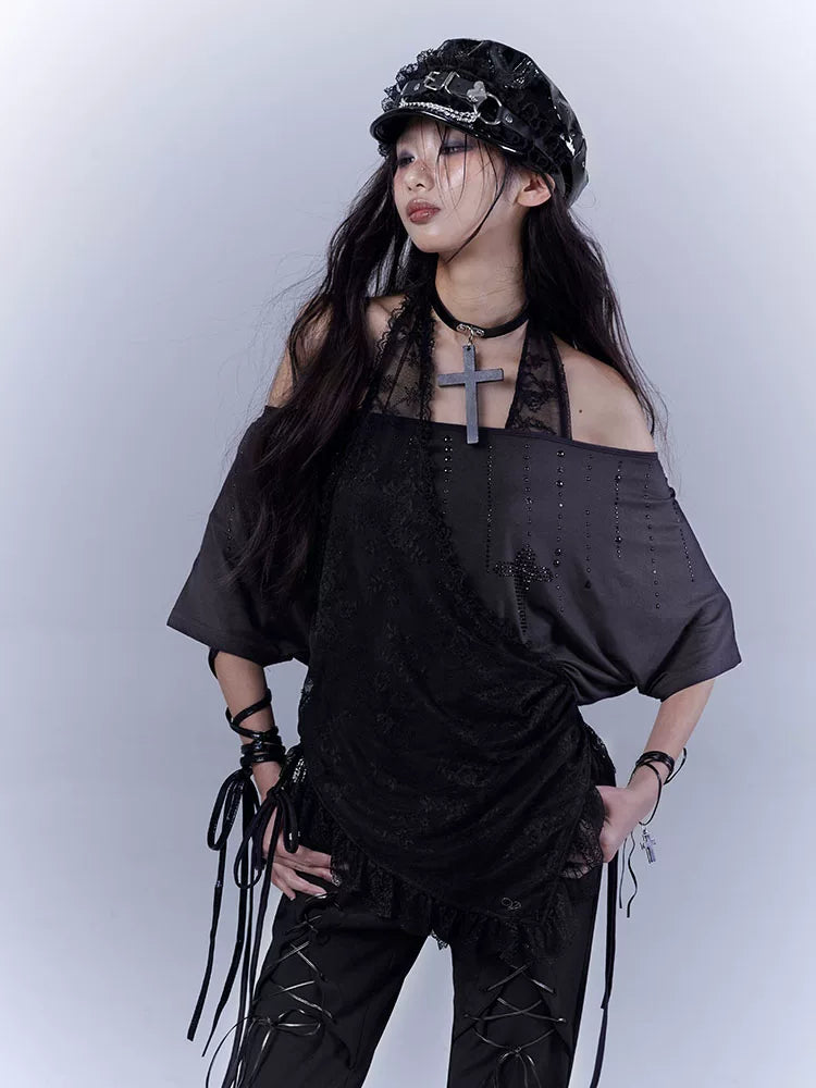 Lace Patchwork Halter Neck Rhinestone Oversize Short Sleeve T-Shirt