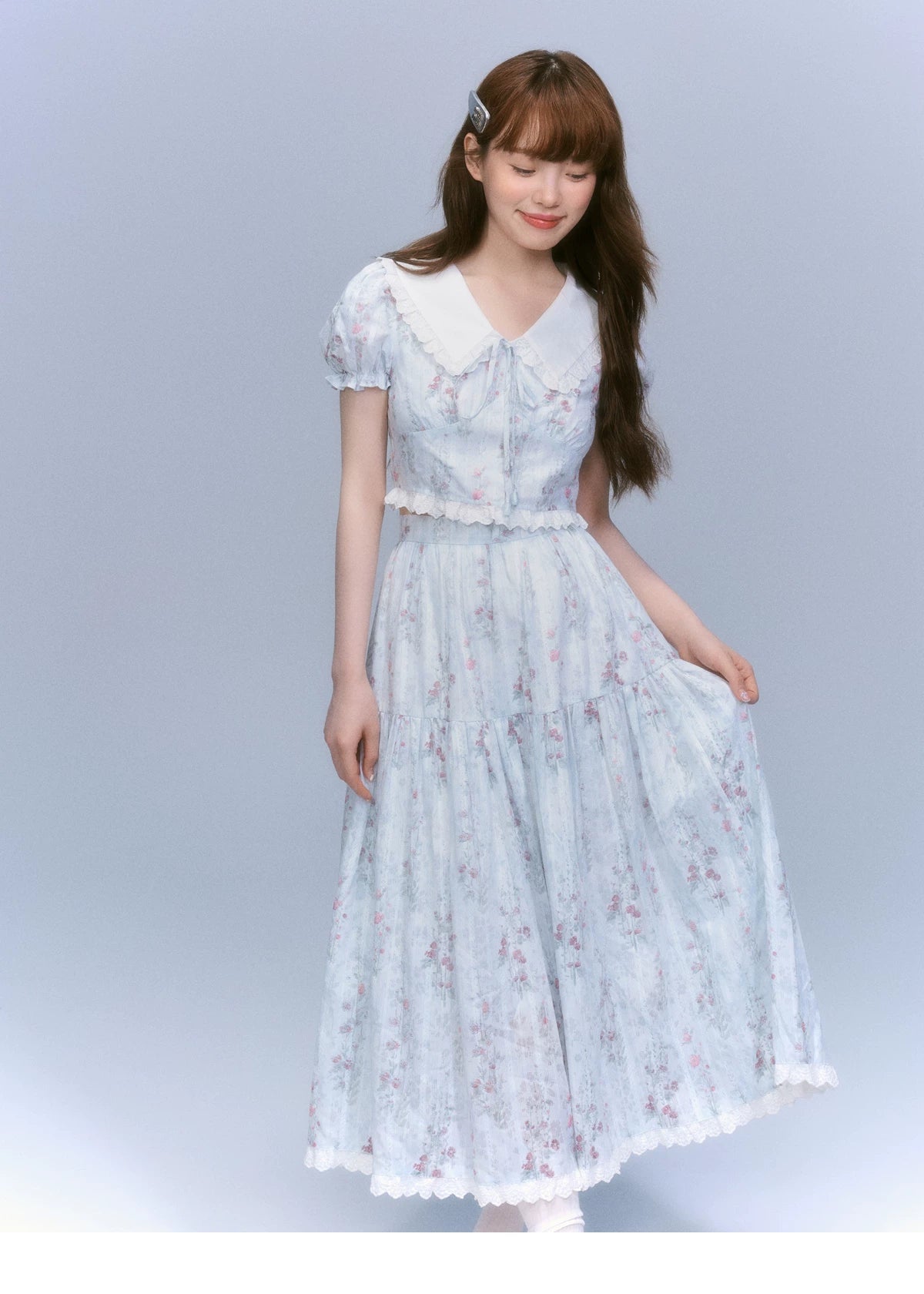 Floral-Print Blouse & Lace Trim Flared Skirt Setup