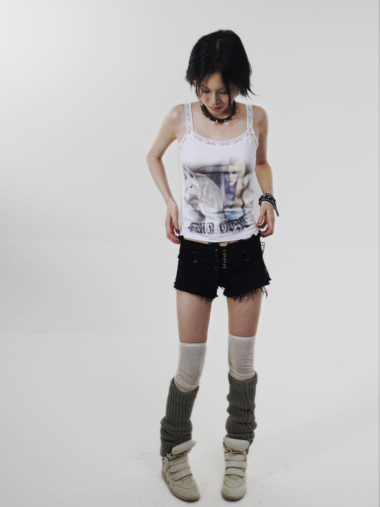 Angel Wolf Print Y2k Style Lace Camisole
