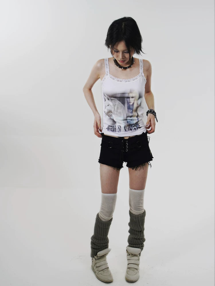 Angel Wolf Print Y2k Style Lace Camisole