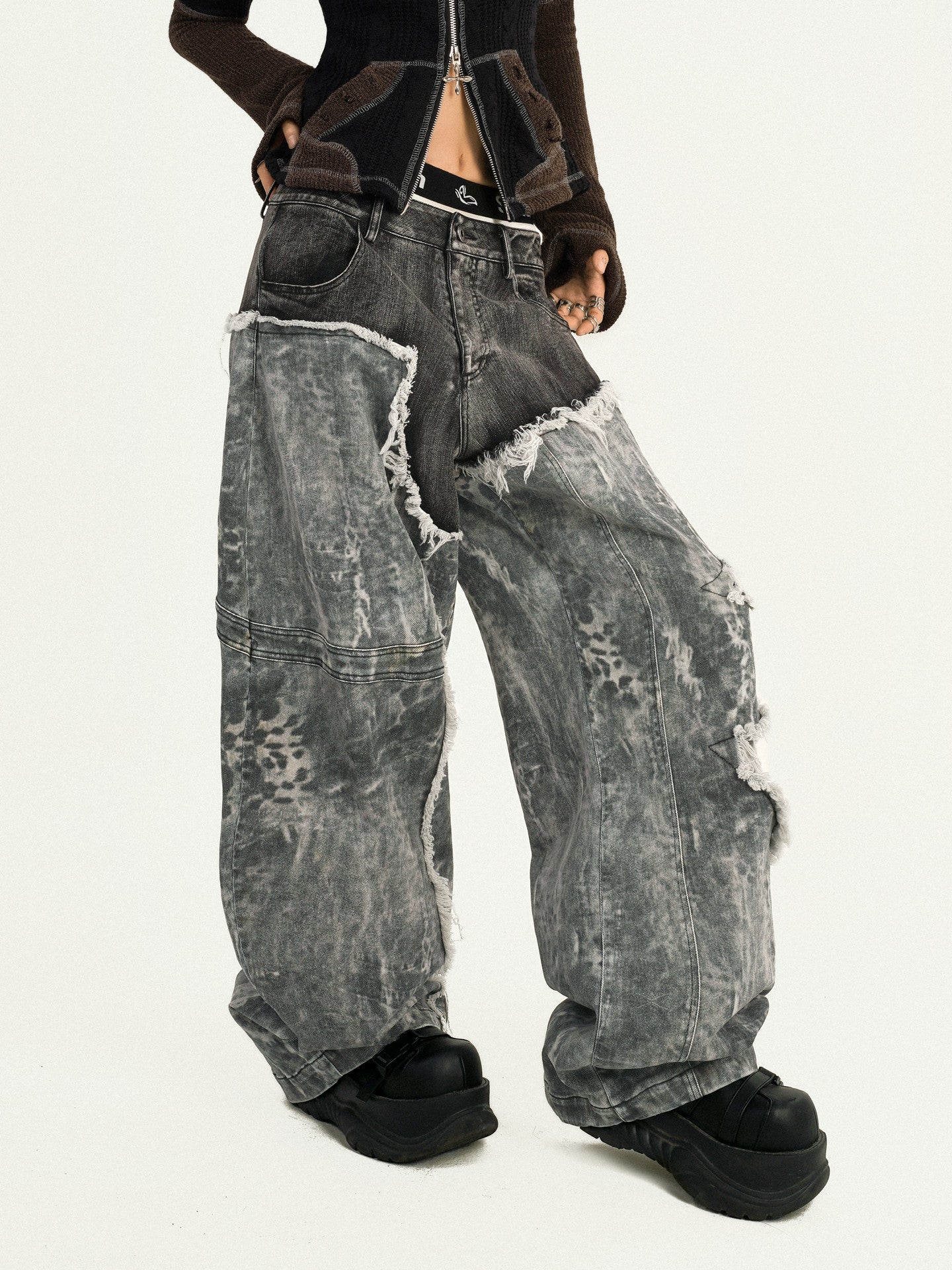 Fake Layered Heavy Craft Raw Hem Wide Leg Denim Jeans