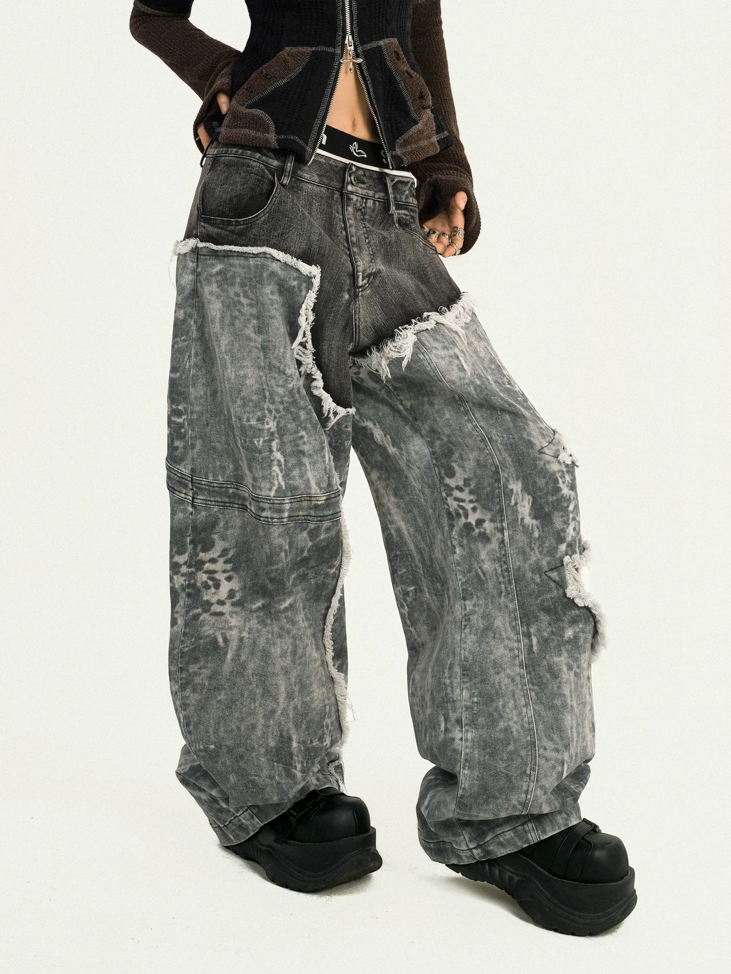 Fake Layered Heavy Craft Raw Hem Wide Leg Denim Jeans