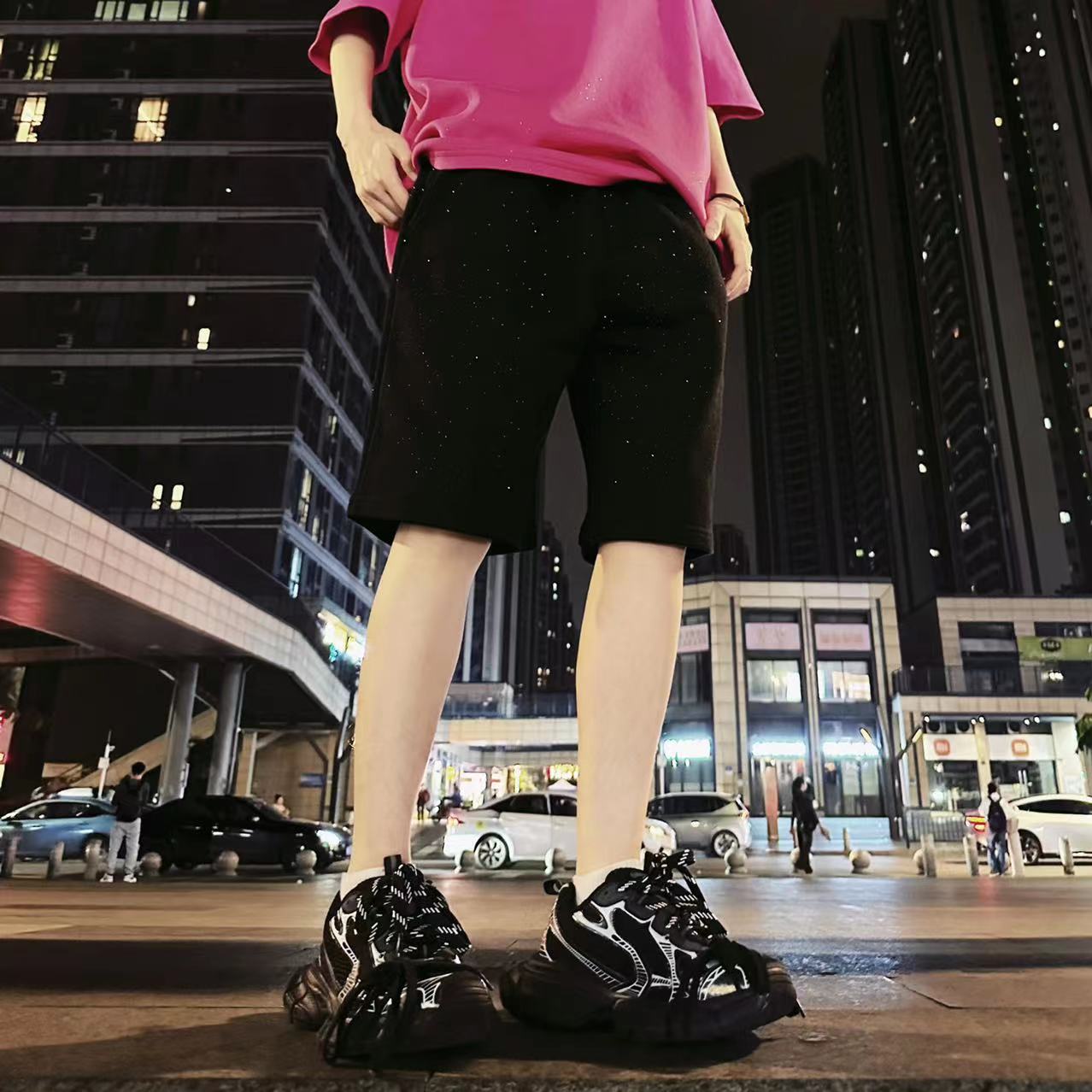 Rhinestone Star Terry Elastic Waist Short Pants