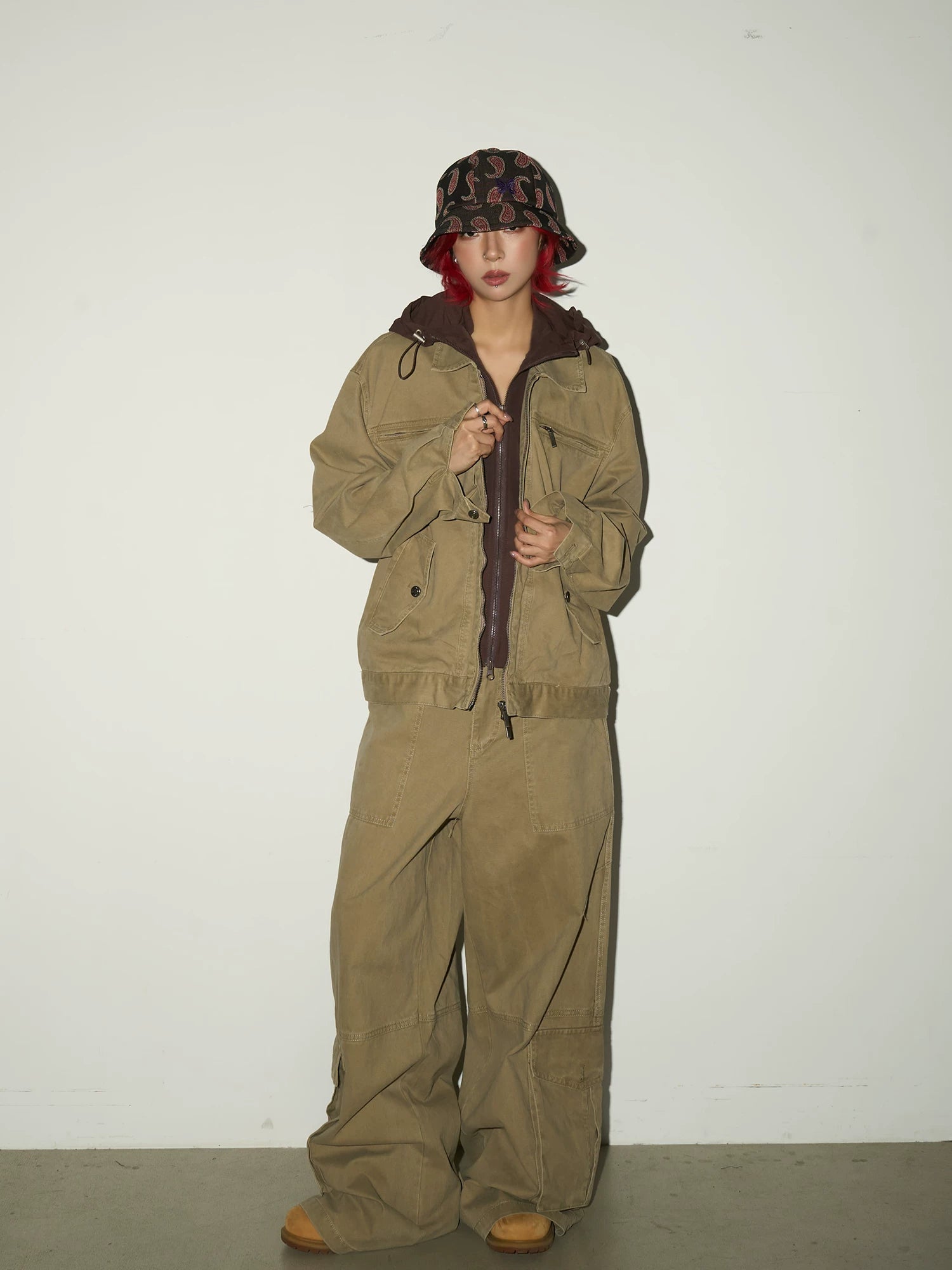 Fake Layered Hooded Jacket & Multi Pocket Cargo Pants Setup