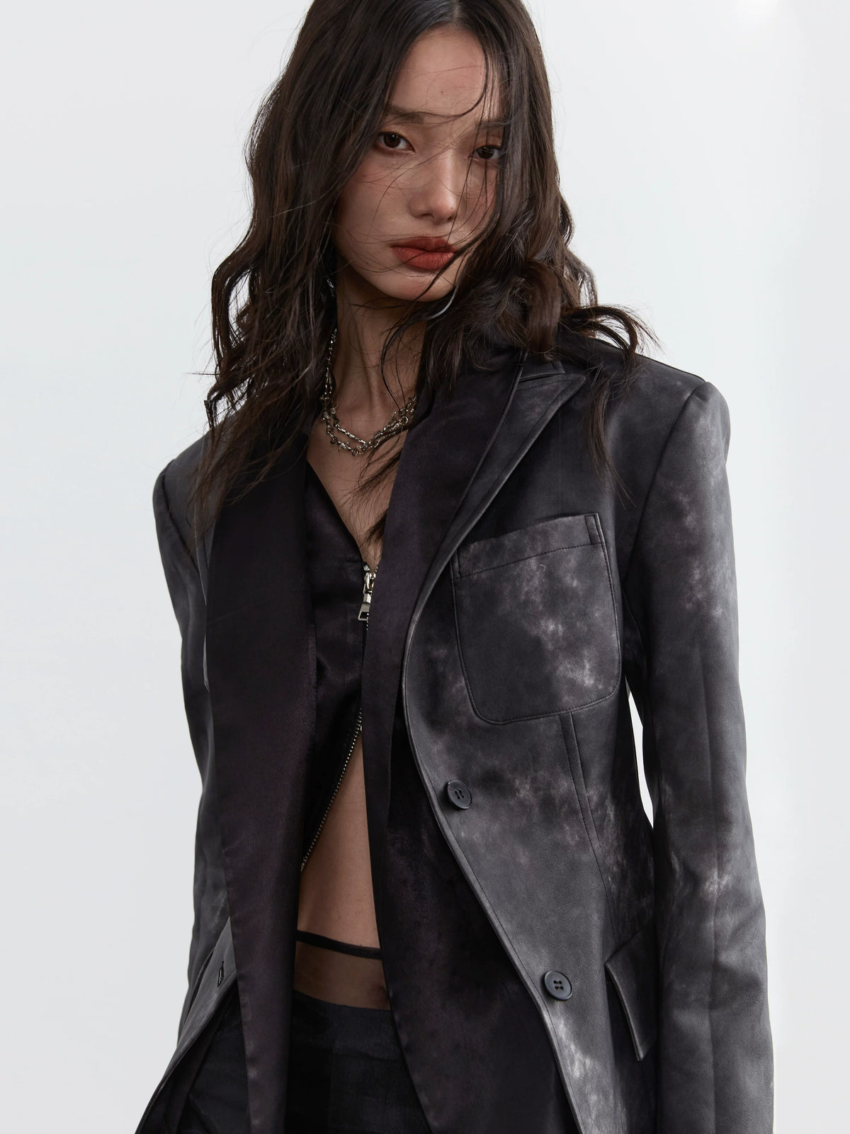 Smoked Ink Stained PU Leather Fake Layered Jacket
